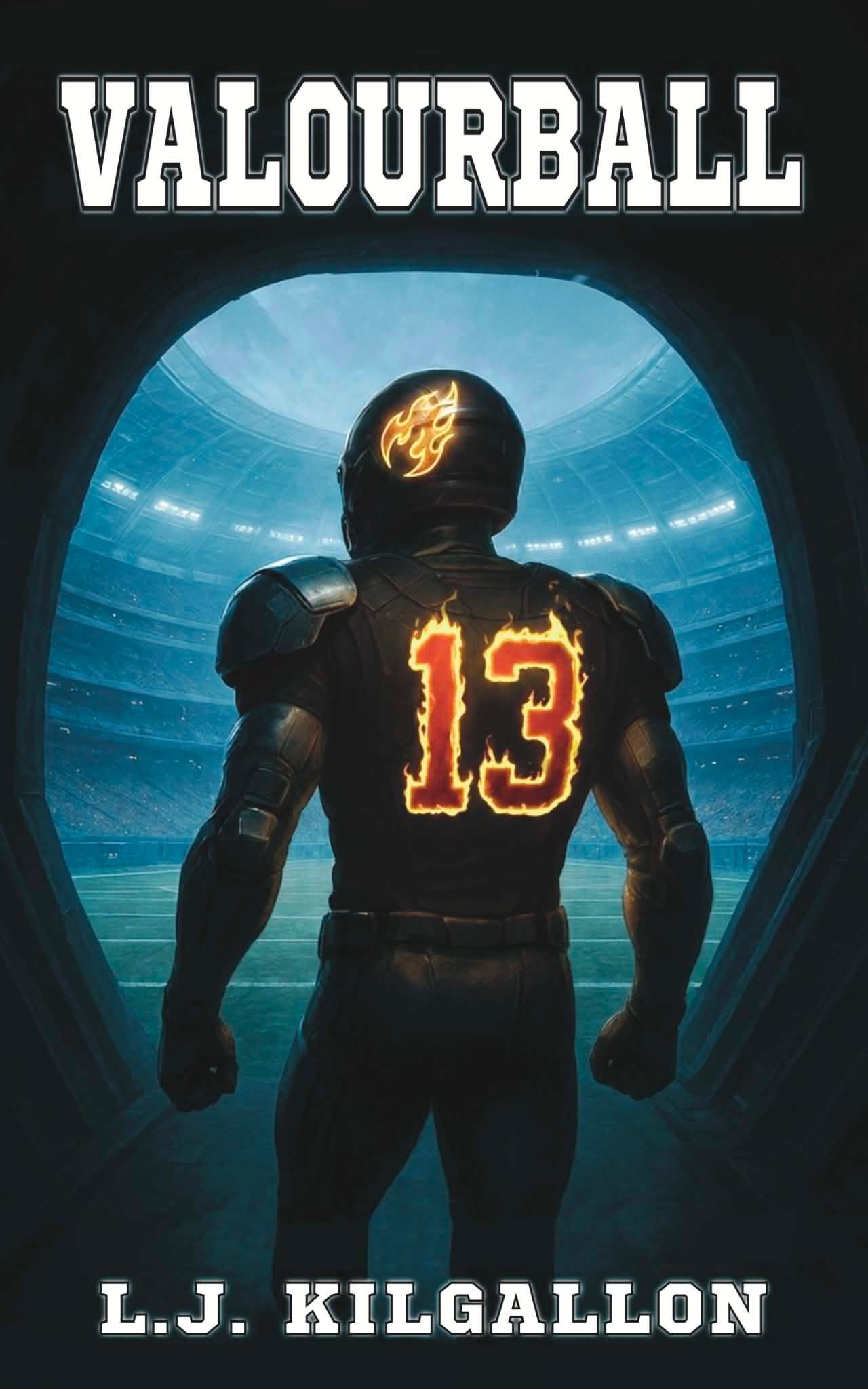 Silhouette of a man in American Football-style kit, with a 13 emblazened on the back of his shirt.